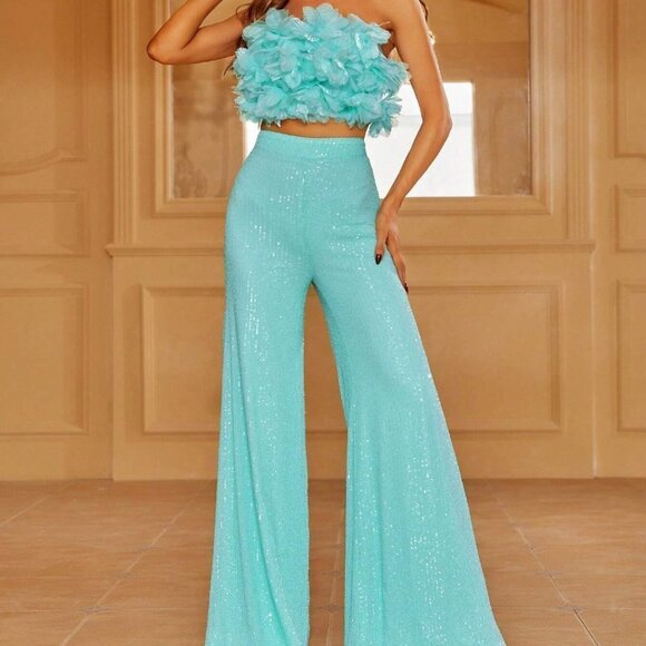 Blue Preppy Womens Floral Appliques Tube Top & Wide Leg Pants Set - Picture 1 of 5